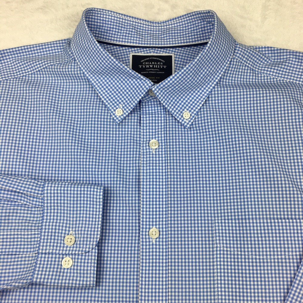 Charles Tyrwhitt Dress Shirt Mens XXXL Blue/White Checks Classic Fit Non Iron